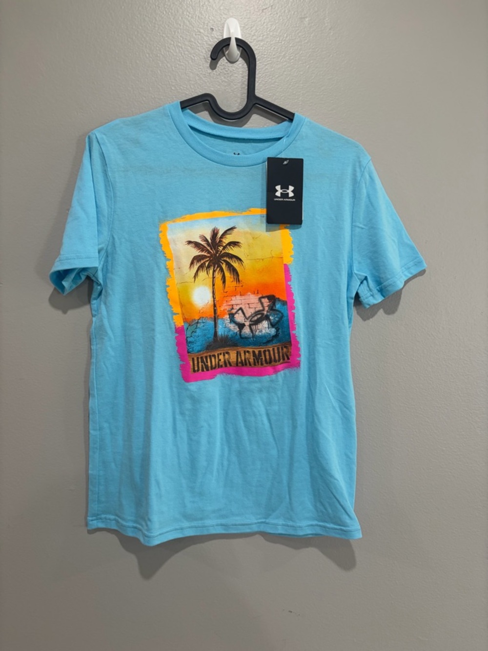 Under Armour Light Blue Short Sleeve Tee with Tropical Sunset Graphic